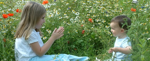 Niña juega con su hermano pequeño en un prado de flores