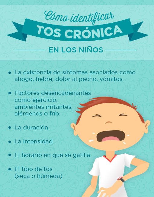 Entre los factores para diagnosticar la tos crónica se encuentran los síntomas de ahogo, fiebre, dolor en el pecho; factores desencadenantes como ejercicio, ambientes irritantes, alérgenos y frío; duración;intensidad; horario en que se gatilla; el tipo de tos (húmeda o seca)