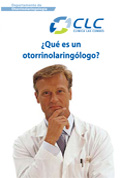 Portada del documento "¿Qué es un otorrinolaringólogo", donde aparece un doctor con la mano en el mentón.