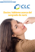 Portada del documento "Doctor, hábleme acerca del sangrado de nariz", donde aparece una mujer con el dedo índice en la nariz.
