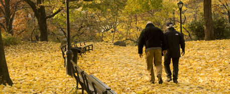 Dos abuelos caminando por un parque en otoño