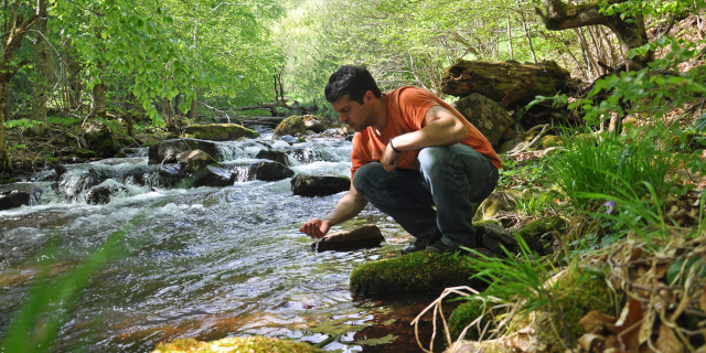 Hombre toma agua de un río natural